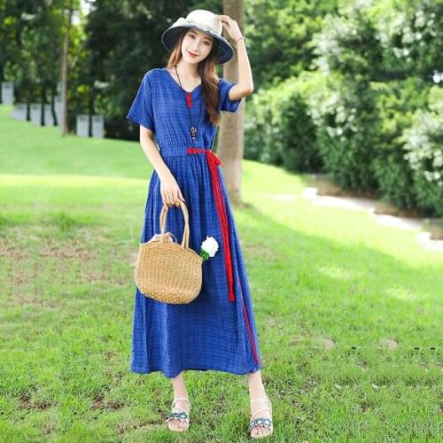 Cotton Linen Plaid Vintage Dress 2021 New Arrival Draw String Slim Office Lady OL Work Dress Women Travel Casual Summer Dress