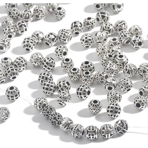 10Pcs 5 6 7 8 9mm Round Tibetan Ancient Silver Plated Metal Beads Hollow Prayer Spacer Beads DIY Jewelry Bracelets Making
