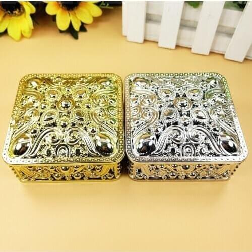 120pcs Creative Square Candy Box with Round Corner Hollow-out Electroplated Gold and Silver Plastic Gift Box W9862