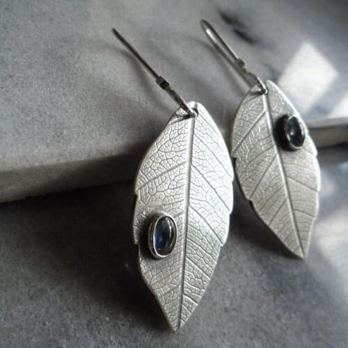Bohemian Antique Silver Color Metal Leaf Earrings Vintage Jewelry Textured Stem Tree Leaves Blue Stone Earring Brincos