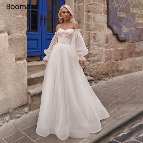 Booma Off Shoulder Beach Wedding Dresses Sweetheart Puff Sleeves Pleated Bridal Gowns Appliques Buttoned A-Line Bride Dresses