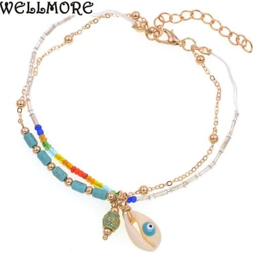 WELLMORE bohemia Anklets for women handmade shell string beads stone chain Anklet bracelets Beach Party Foot Jewelry wholesale