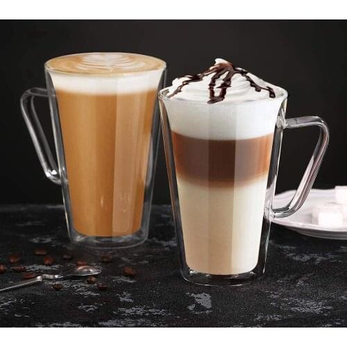 Ecooe 2PCS 450ml Double-walled Mug Set of Latte Macchiato Coffee Glasses with Handle Suitable for Microwave oven and Freezer
