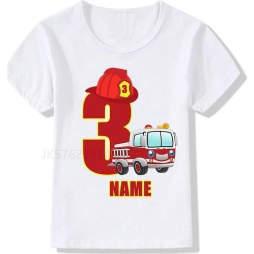 1-9 Boys/Girls Cool Firefighter Car Birthday Numbers T-Shirt Children Boys Happy Birthday T Shirt White T-Shirt Baby Girls Top