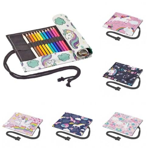 Kawaii Unicorn Printed Canvas Storage Bag For Student 12/24/36/48/72 Holes Roll Pencil Case School Supplies Drawing Pencil Bag
