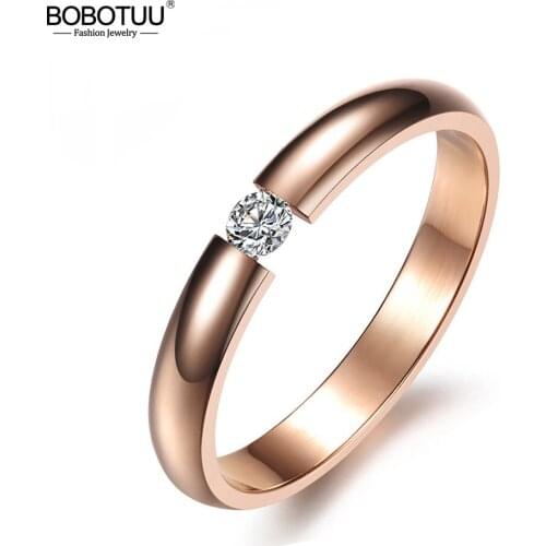 BOBOTUU Single CZ Crystal Ring For Women Rose Gold/White/Black Color Stainless Steel Party Engagement Ring Jewelry BR19101