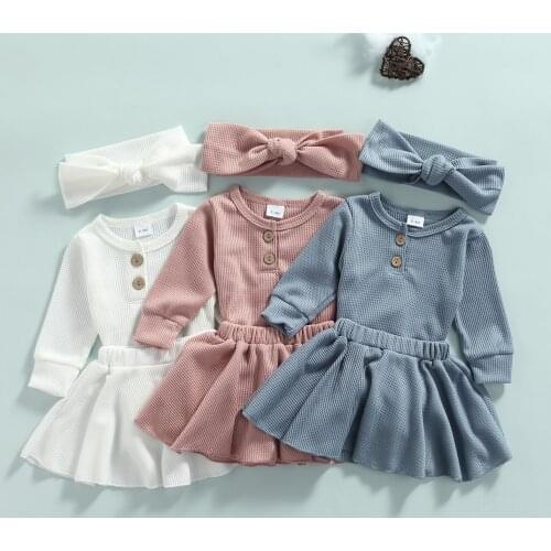 0-12M Newborn Infant Baby Girl Autumn Fashion Clothing Set Long Sleeve Solid Romper Top Skirt Headband Outfit 3Pcs