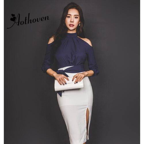 2 Piece Set Autumn Blue Halter Full Sleeve Lace Up Off Shoulder Top and Bodycon White Pencil Midi Skirt Wrap Sexy Party Vestidos
