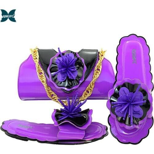 Purple Color Ladies Shoes and Bag Set Decorated with Flower Shape Italian design Shoes with Matching Bags Low Heels Party Shoes