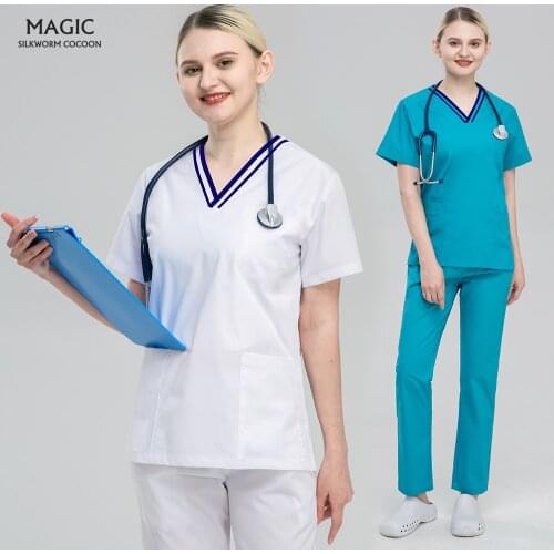 Short Sleeve Hospital Nursing Scrubs Uniform V-neck Multicolor Pharmacist Workwear Pet Grooming Work Clothes Medical Scrub Suits