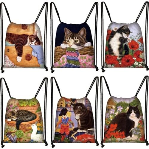 Cute Shorthair Printed Drawstring Bag Girls Like Cat Backpack Womens Storage Bags Travel Bags Foldable Shopping Bag