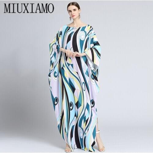MIUXIMAO 2021 Bohemian Plus Size Dress O-neck Batwing Sleeve Maxi Dress Women Elastic Silk Floor Length New Fashion Kaftan Dress