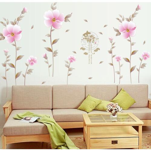Fashion pink flowers wall sticker PVC Material DIY wall decals for Living room TV sofa background wall home decor sticker