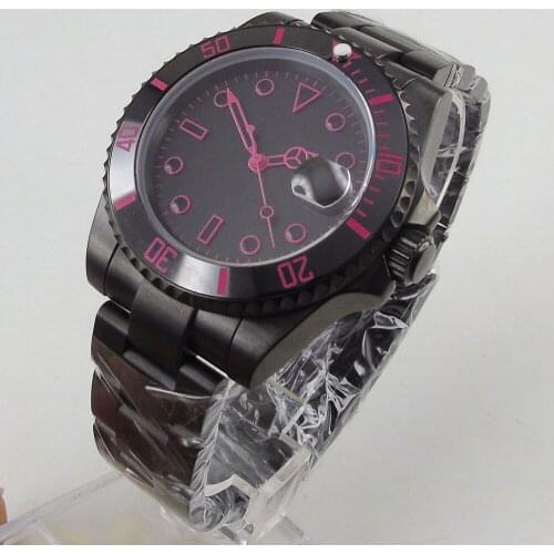 40mm Black Sterile Dial Automatic Mechanical Sapphire Glass Miyota PVD Coated Bracelet Strap Date Window Self Winding Mens Watch