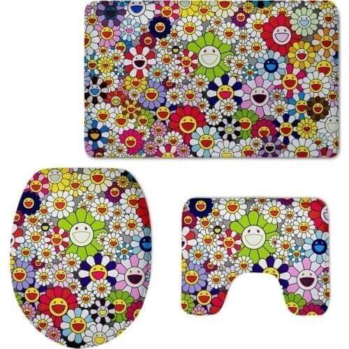 3 Piece Bath Mat Carpet Set Non-Slip Colorful Sunflower Japanese Style Bath Mat Bathroom Kitchen Carpet Toilet Seat Cover Carpet