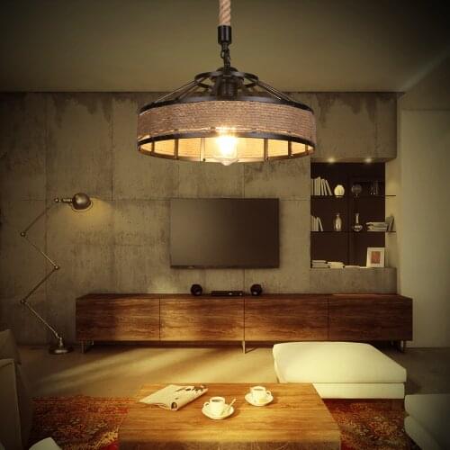 Newest Industrial Hemps Rope Pendants Light Basket Rustic Chandelier Vintage Ceiling Lamp Iron Metal Lampshade Height Adjustable