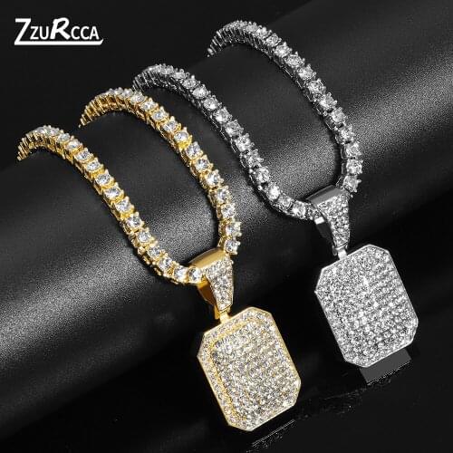 Iced Out Square Pendant Necklace With 4mm AAA Zicron Bling Tennis Neck Chain Rhinestone Necklaces For Women Men collier collare