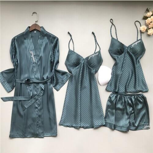 Striped Embroidery Satin Silk Sleepwear Women Fashion Spring Nightwear Female Robe Sleep Lounge 4/2/1 Pcs Pajamas Set Homewear