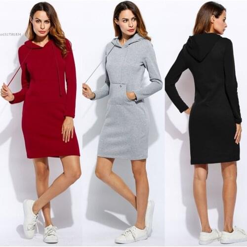 Hot Women Slim Hooded Long Sleeve Solid Pencil Pullover Cotton Blend Hoodie Spring Autumn Dress Red Gray Black Casual Fashion