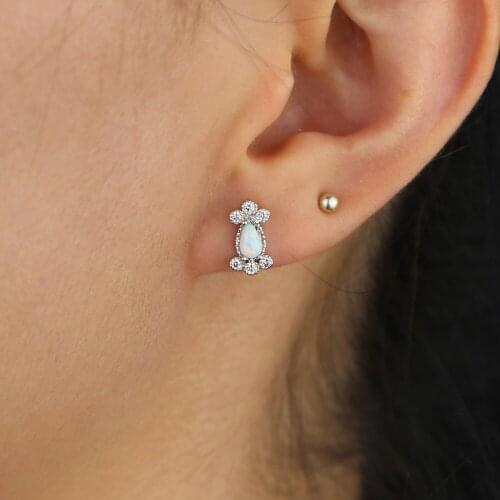 Teardrop White fire opal Gem CZ stone tiny stud Dainty delicate minimal minimalist tiny ear bone fashion earring