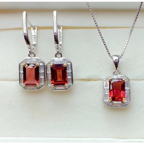 Beautiful garnet earrings and necklace jewelry set for women ornament real 925 silver natural gem girl birthday gift square gem