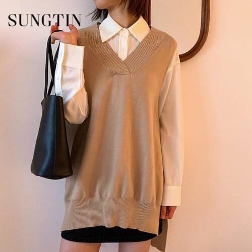 Sungtin Korean Casual Loose Long Knitted Vest Women Soft Warm V Neck Cozy Sleeveless Sweater Vest Female Elegant Retro Tank Tops