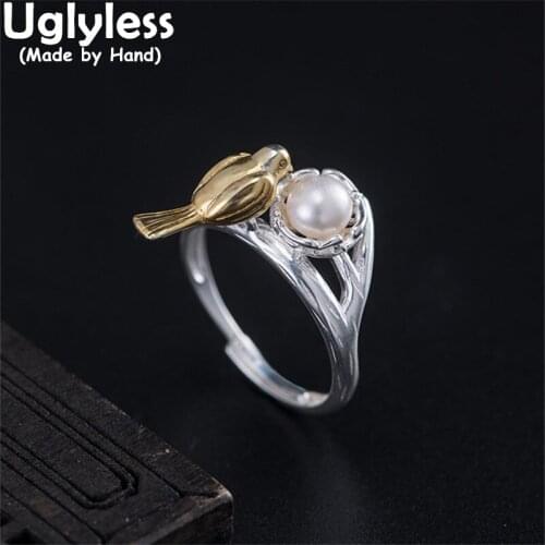 Uglyless Vivid Handmade Bird Rings for Women Natural Pearl Rings 925 Silver Elegant Pearls Jewelry Eastern Poetry Animals Bijoux