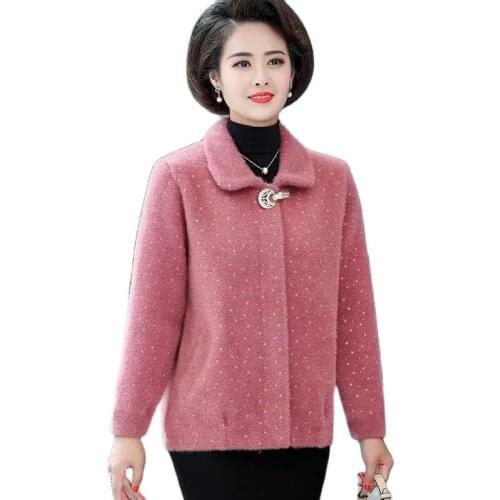 Middle Aged Mother Knitted Sweater Jacket Fashion Fall Winter Casual Short Imitation Mink Velvet Coat Large Size Women Cardigans