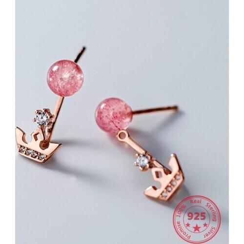925 Silver Fashion Sweet Pink Strawberry Quartz Zircon Crown Rose Gold Stud Earrings for Women