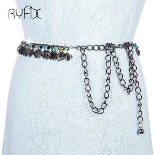 Bohemian Belt Chains Silver Bronze Inlay Hollow Out Chain Tassel Rhombus Coin Dance Women Belt Waist Body Chain Jewelry BL397