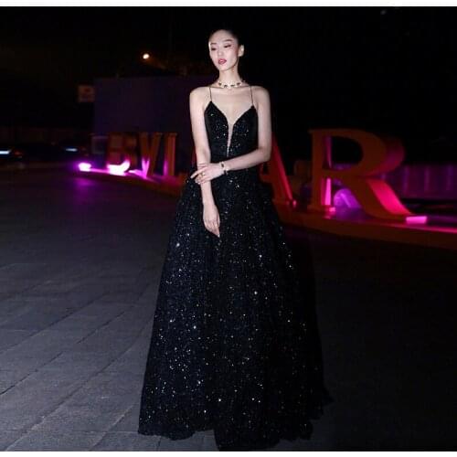 Luxury Black Sequins Evening Dresses Long A-line Formal Gown Sexy Deep V-neck Backless Prom Evening Party Dress Robe De Soiree