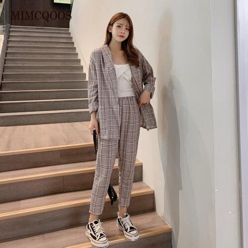 2020 Autumn Women Two-piece Set Long-sleeved Plaid Jacket + High Waist Ankle-length Pants Korean Casual Loose Women Sets