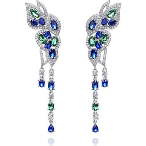 925 Sterling Silver Earings Europe Fashion 5A Green Blue Zircon Butterfly Drop Earrings For Women Sparkling Wedding Fine Jewelry
