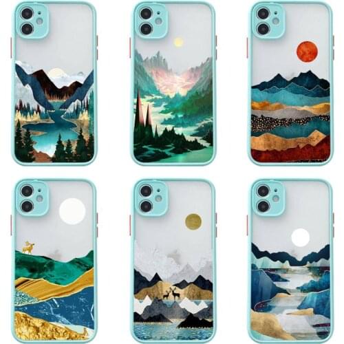 Hand painted Landscape art sunset deer Phone Case For iphone 12 11 Pro Max Mini XS 8 7 Plus X SE 2020 XR Matte Light blue Cover