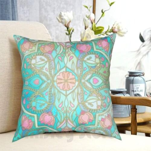 Floral Moroccan In Spring Pastels-Aqua , Pink , Mint & Peach Pillow Case Printed Home Soft DIY Pillow cover Pattern Pink