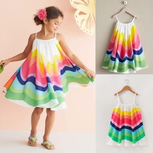 Kids Baby Girls Summer Rainbow Sling Dress Sleeveless Party Beach Dresses UK