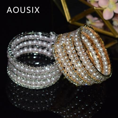 Elegant Crystal Pearl Bracelet Multilayer Stretchable Pearl Bracelet for Women Cuff Bangles Rhinestones Bridal Jewelry Accessori
