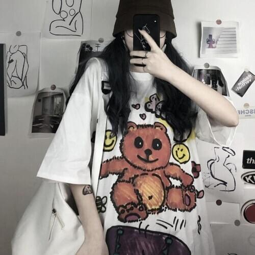 Harajuku Tshirt Streetwear Cool Female Casual Hip Hop Shirts Gray Pink Summer Cartoon T Shirt Fashion Japan Couple Tshirt