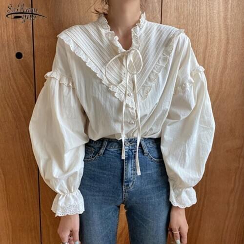 Cotton Vintage Elegant Tops Women Shirt New Loose Clothing Blusas 2020 Korean Style Solid Long Lantern Sleeve Women Blouse 9580