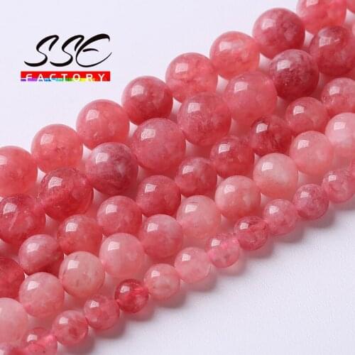 Strawberry Crystal Quartz Beads Pink Angelite Round Loose Stone Beads for Jewelry Making DIY Bracelet Accessories 4 6 8 10mm 15"