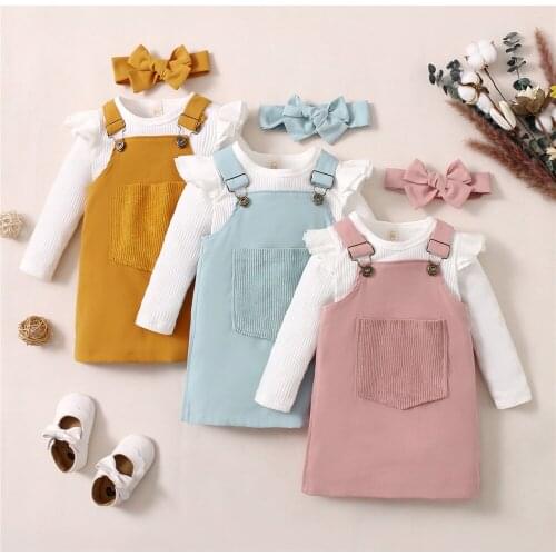 Baby Girl Clothes Sets White Knitted Pullover Top Solid Suspender Dress Headband 1-5Y Toddler Kids Spring Fall Casual Outfits