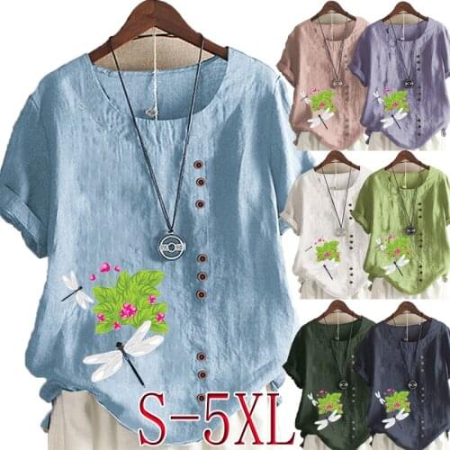 Summer Casual Fashion Printed Loose T-shirt Retro Cotton and Linen O-neck Plus Size Short-sleeved Womens Top S-5XL