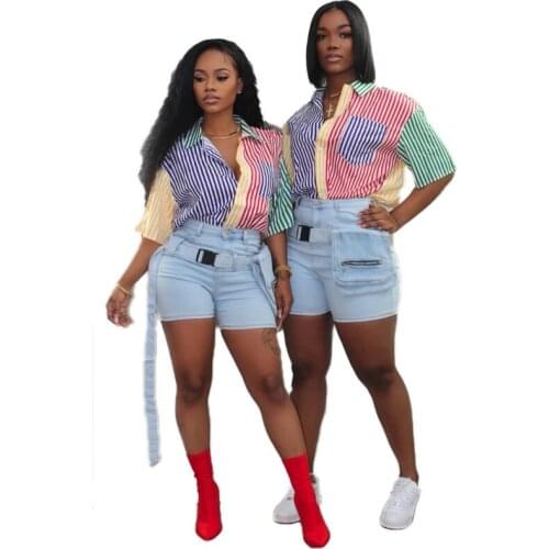 Fashion multicolor striped printed short-sleeved shirt women