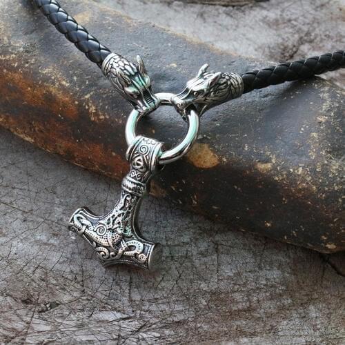 Men stainless steel necklace viking Dragon head with thors hammer mjolnir necklace pendan norse talisman ethnic jewelry