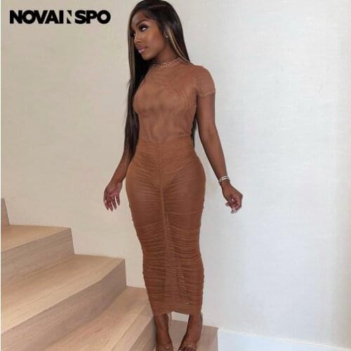 NOVAINSPO Mesh Short Sleeve Bodysuits And Skirts Co-ord Sets Summer See Through Transparent Ruching Tan Solid O Neck Set 2 Piece