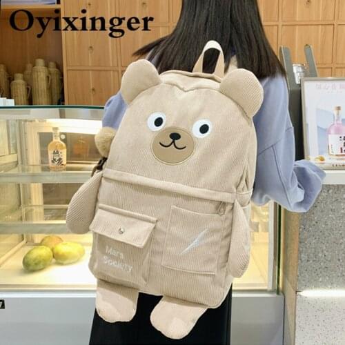 OYIXINGER New Creative Cartoon Backpack Women Cute Bear Casual Backpacks Large Corduroy Embroidery Schoolbag For Teenage Student