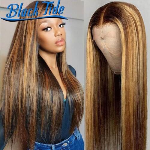 Straight Frontal Wig Brazilian 200% Remy P4/27 Highlight Wig Human Hair 30 Inches Transparent Lace Wigs 13x4 Lace Frontal Wig