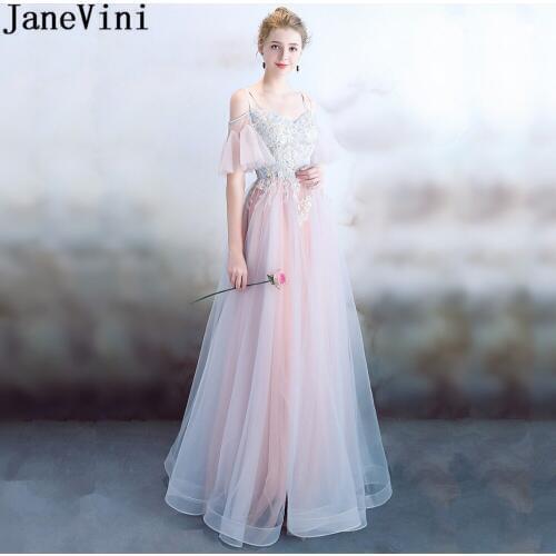 JaneVini 2018 Princess Peachy Wedding Party Dresses For Prom Graduation Gown Tulle Beaded Lace Long Bridesmaid Dresses Plus Size