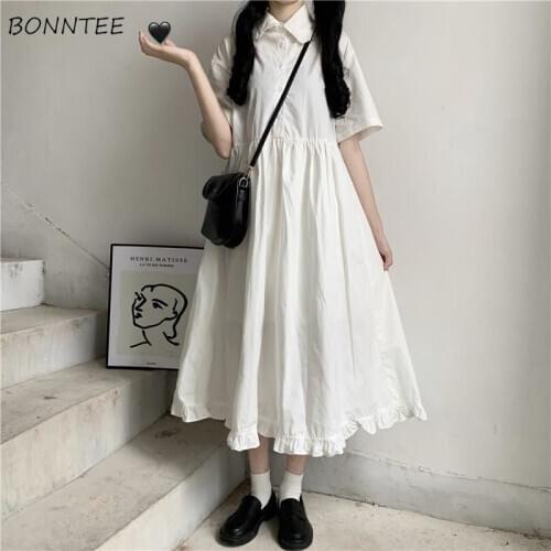 Dresses Women Pure Color Casual All-match Ulzzang Fashion Ruffles Turn Down Collar Sweet Female Preppy Style Hipster Mujer Kpop