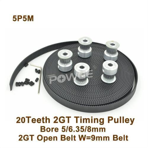 POWGE 5pcs 20 Teeth GT2 Timing Pulley Bore 5/6.35/8mm + 5meters GT2 Synchronous Belt W=9mm 20T 20Teeth 2GT Timing Belt Pulley